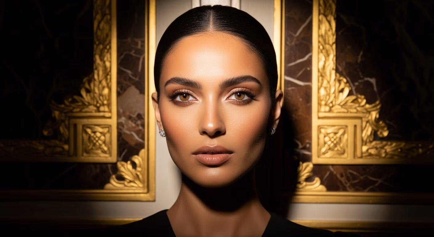 صورة مقربة لامرأة ذات شعر داكن أنيق وعيون عسلية ومكياج طبيعي، تقف أمام جدار داكن فاخر بتفاصيل معمارية ذهبية مزخرفة.