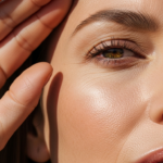 Portrait en gros plan d'une femme à la peau naturelle et éclatante, révélant une texture détaillée, illuminée par une vive lumière solaire.