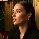 Eine elegante Frau mit glattem Haar, die goldene Spiralohrringe und einen goldenen Ring trägt, posiert in einem stilvollen Ambiente mit dunkelgrünen Marmorwänden und warmem Licht.