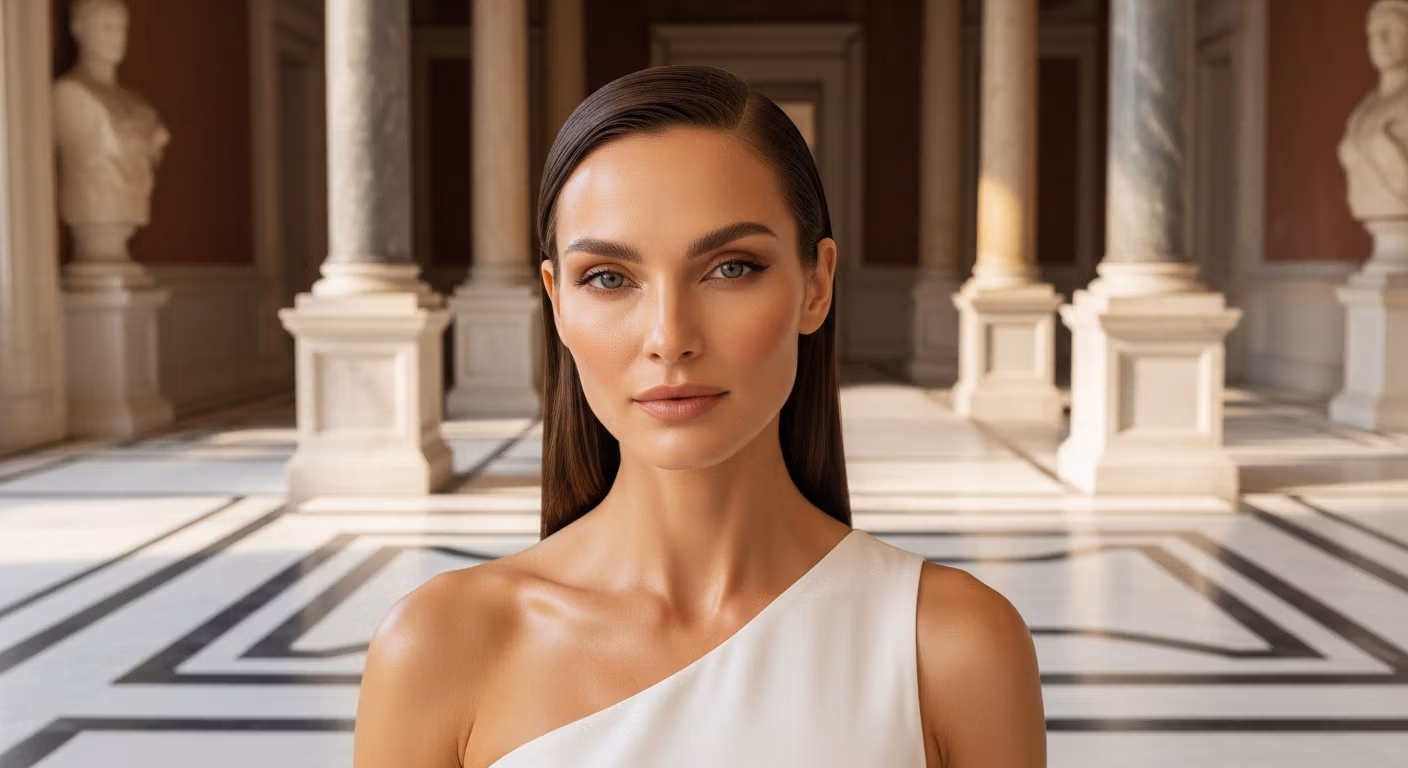 Das Porträt einer Frau mit elegantem Make-up, gestyltem dunklem Haar und einem weißen, schulterfreien Kleid, posiert in einem klassischen Saal mit Marmorböden und Säulen.