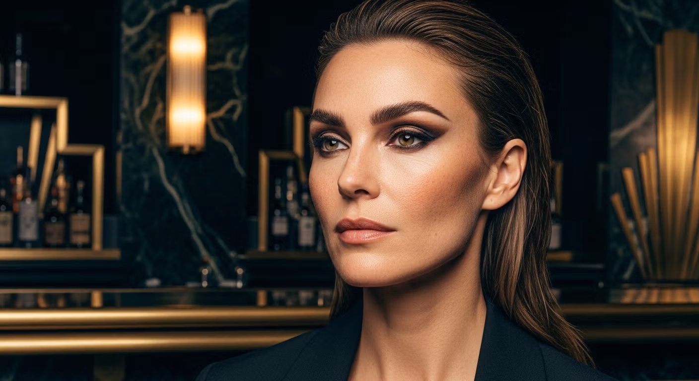 Une femme sophistiquée, les cheveux plaqués en arrière et un maquillage de soirée élégant, pose dans un bar luxueux à l'éclairage tamisé, orné de touches dorées art déco et d'un fond en marbre.