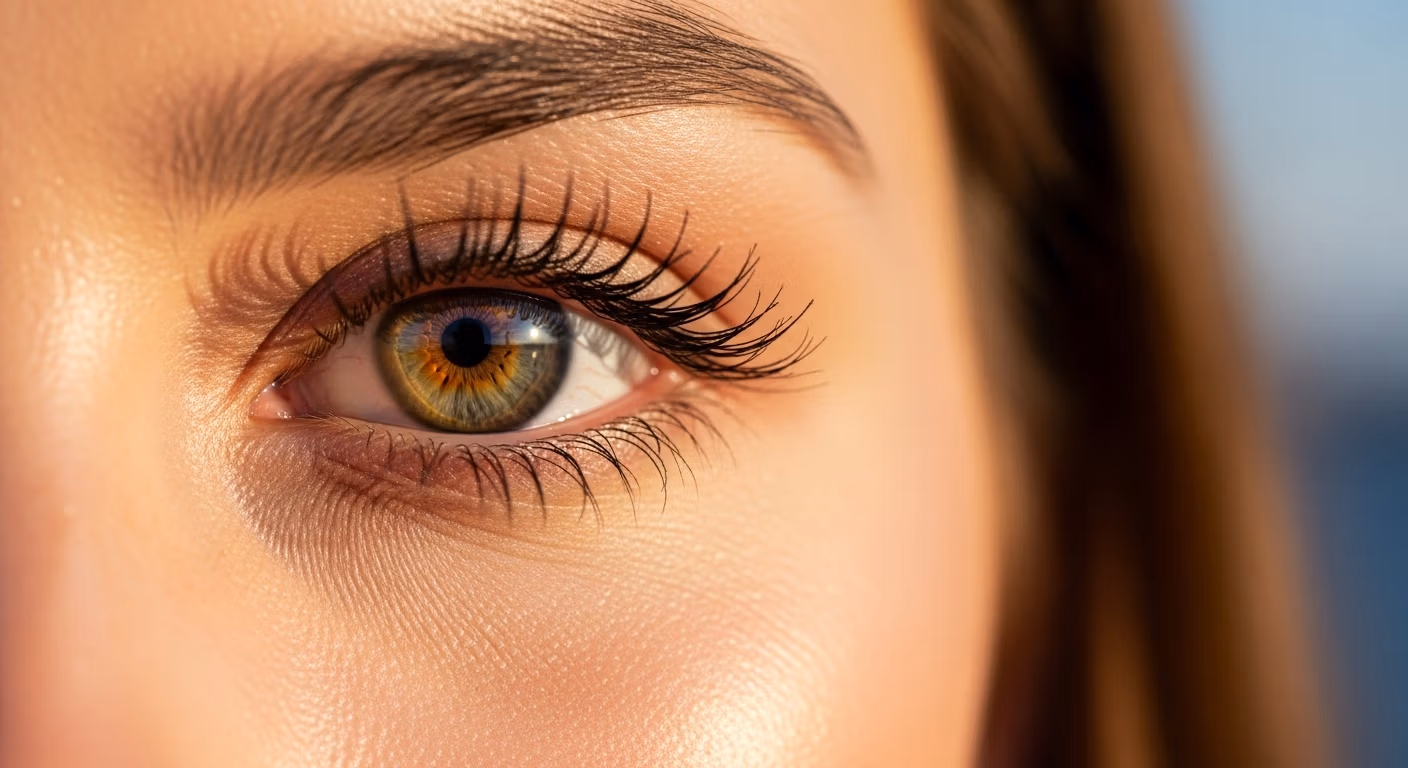 Gros plan extrême d'un œil noisette détaillé aux longs cils, illuminé par une lumière chaude et dorée.