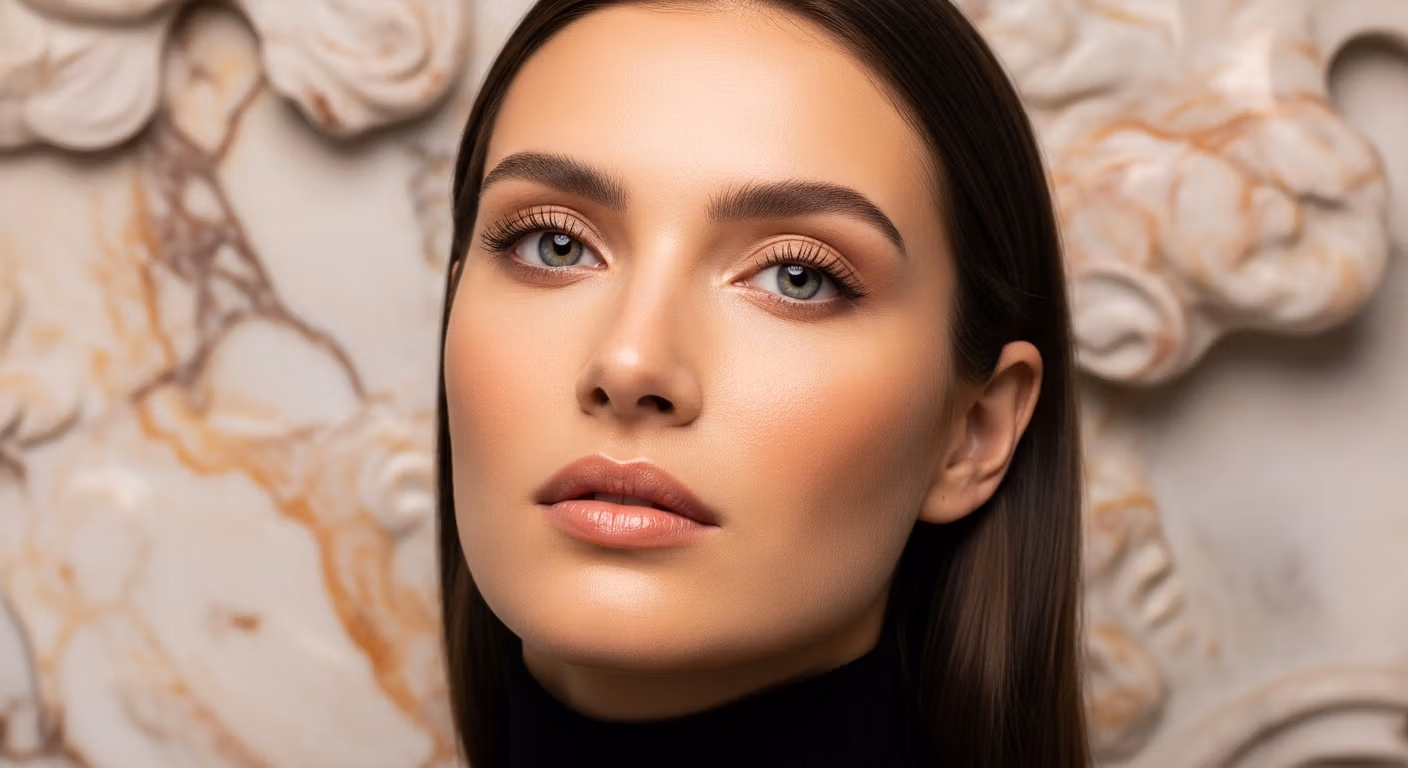 Portrait en gros plan d'une jeune femme à la peau impeccable et éclatante et aux sourcils bien dessinés, posant sur un fond neutre à la texture marbrée.