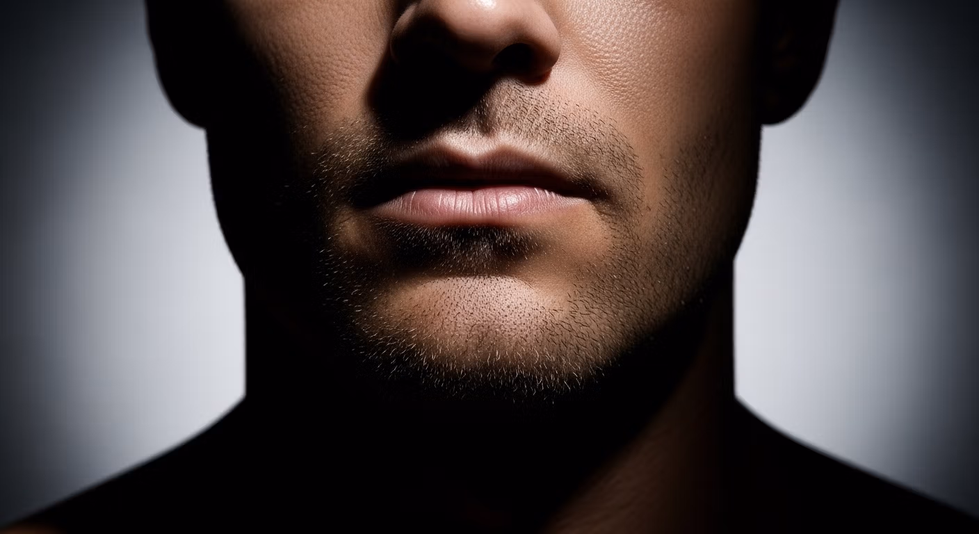 صورة مقربة للجزء السفلي من وجه رجل وخط فكه مع لحية خفيفة، تتميز بإضاءة درامية تبرز ملمس الجلد وشعر الوجه.