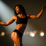 Una donna in forma e dal fisico atletico posa con grazia in abiti sportivi neri sotto una luce scenografica su uno sfondo scuro.
