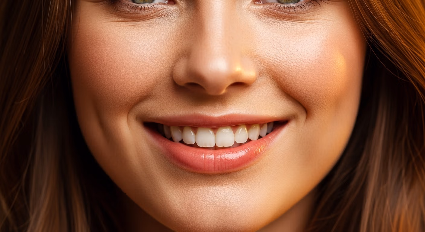 Gros plan sur le sourire radieux d'une personne, mettant en valeur des dents blanches et saines et une peau lisse, encadrée par des cheveux bruns.
