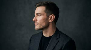 Portrait de profil d'un homme d'affaires aux cheveux courts et foncés, portant un blazer foncé et une chemise noire sur un fond gris foncé texturé.