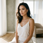 Una hermosa mujer de cabello largo y oscuro, vestida con un conjunto blanco y un collar de oro, posa en un moderno apartamento luminoso con ventanales que van del suelo al techo y una decoración minimalista.