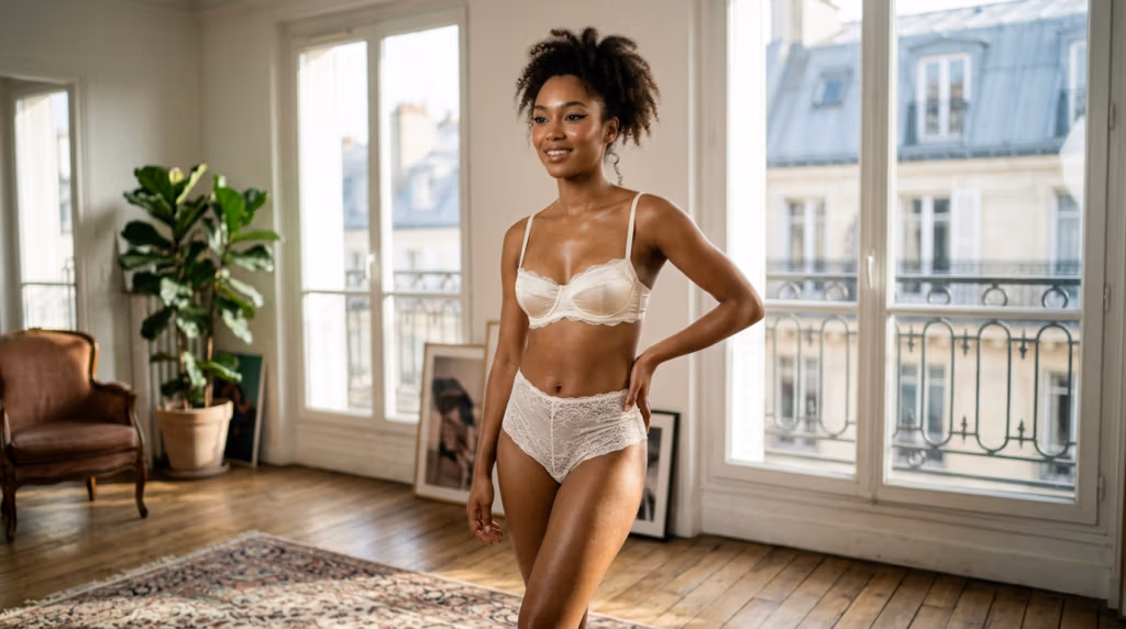 A confident woman with curly hair wearing an elegant cream-colored lace lingerie set, standing in a bright, modern room with large windows.