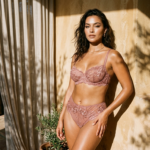 A beautiful woman posing in elegant floral lace lingerie set, standing outdoors in a Mediterranean-style setting with warm sunlight and soft shadows.