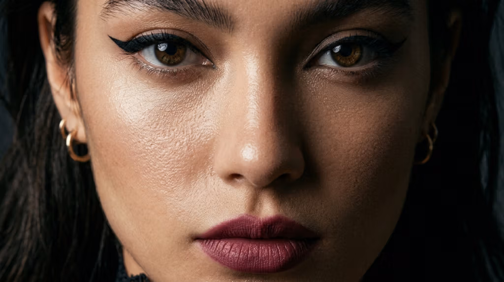 A close-up portrait of a woman with sharp winged eyeliner and deep plum-colored lipstick, emphasizing her intense gaze and natural skin texture.