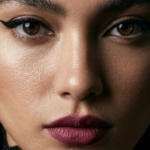 A close-up portrait of a woman with sharp winged eyeliner and deep plum-colored lipstick, emphasizing her intense gaze and natural skin texture.