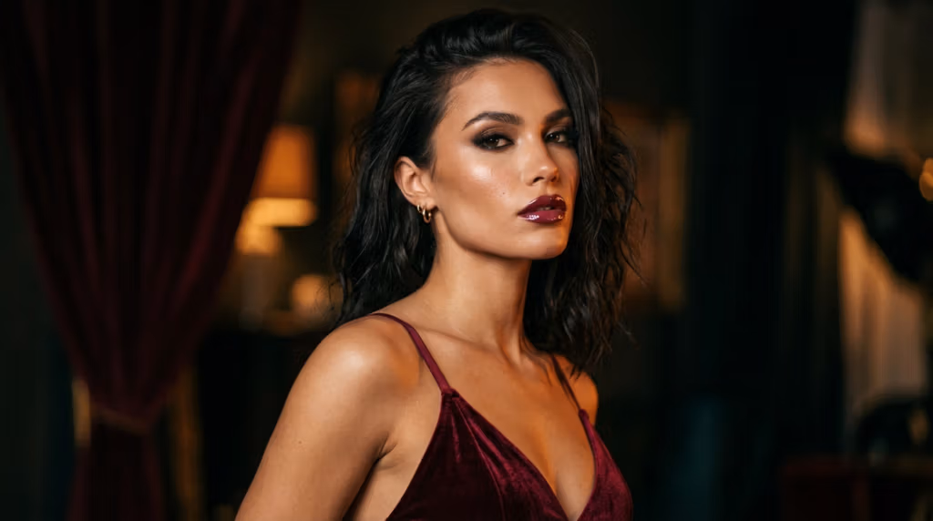 A stunning woman with wavy dark hair, wearing a deep red velvet dress and bold dark lipstick, posed in a moody, elegant room.