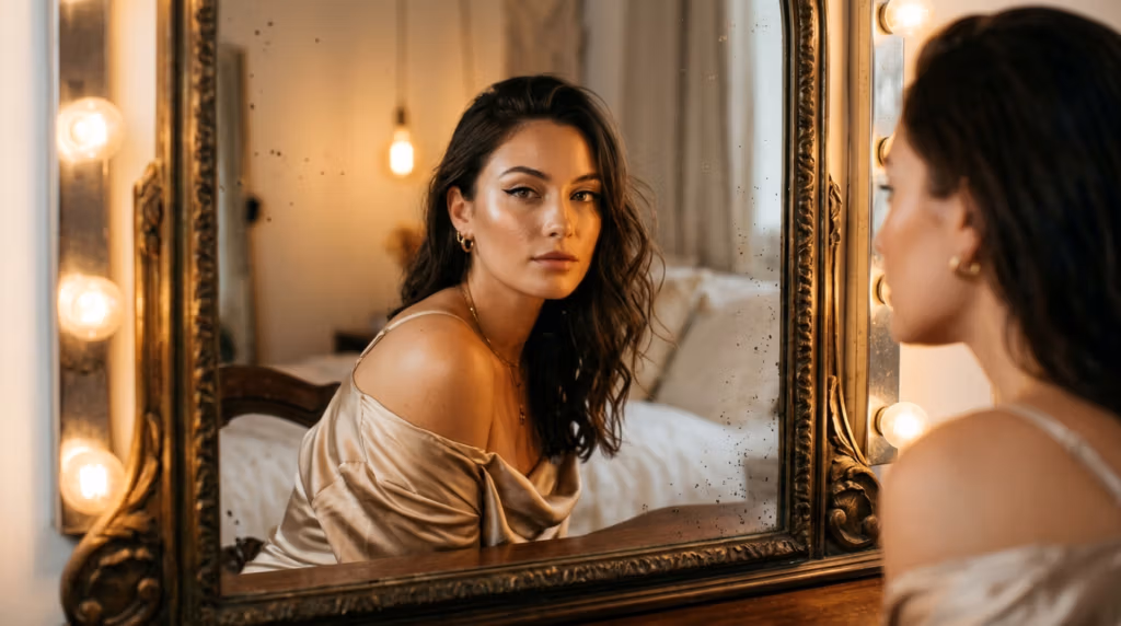 A beautiful woman with wavy hair looking into a vintage lighted vanity mirror.
