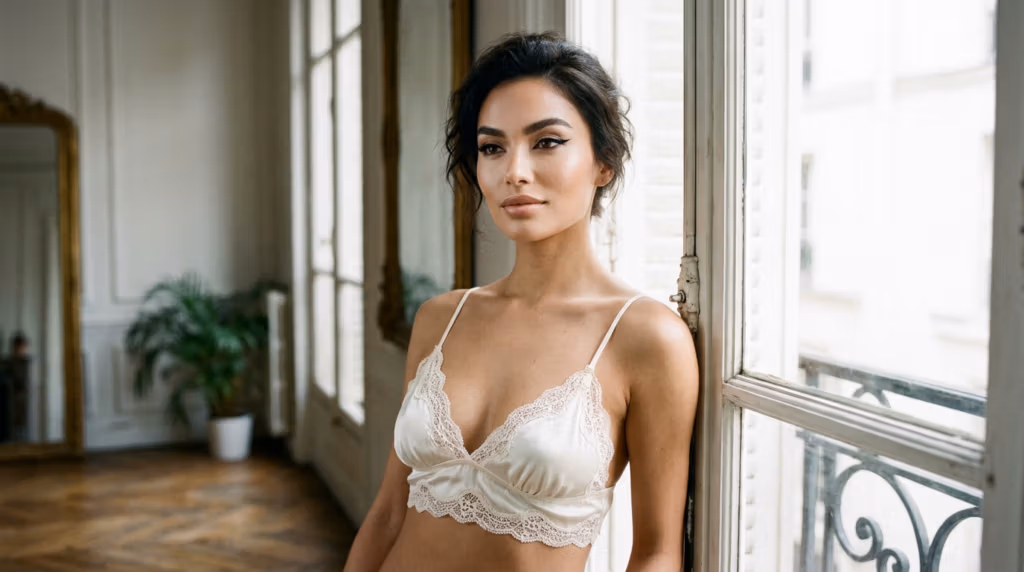 A elegant woman wearing a delicate lace-trimmed white bralette, posing thoughtfully by a window in a bright, classically designed room.