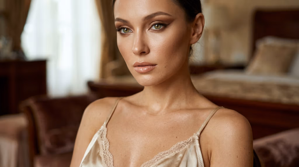 A close-up portrait of a woman with green eyes and natural makeup, wearing a silk camisole in a softly lit bedroom setting.