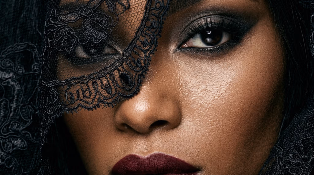 A close-up portrait of a woman with dark, dramatic makeup and red lipstick, partially veiled by black lace.