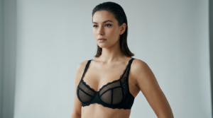 Una donna con i capelli tirati indietro indossa un reggiseno di pizzo nero su uno sfondo neutro.
