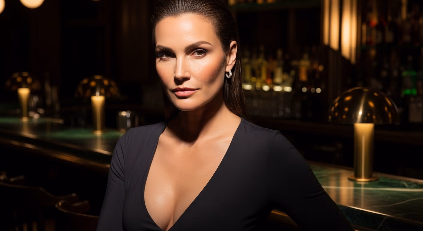 A sophisticated woman in a black dress posing at an elegant, dimly lit bar with gold accent lighting.