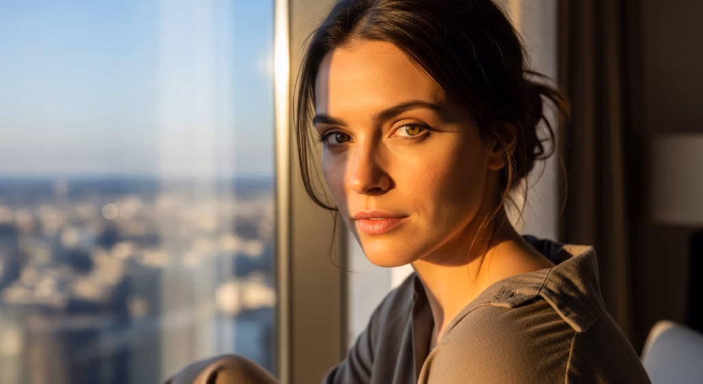 A young woman with brown hair looking directly at the camera, bathed in soft golden hour sunlight near a window with a blurred city view in the background.