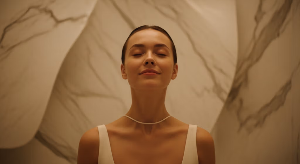 A woman with her eyes closed, looking calm and relaxed, standing in front of a white marble background.
