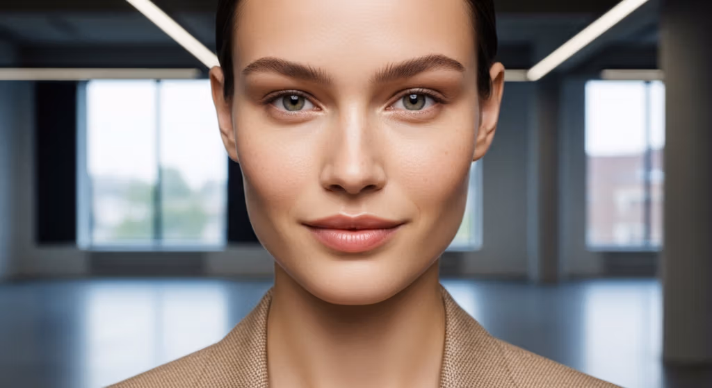 Een close-up portret van een vrouw met een professionele uitstraling, gekleed in een beige blazer, met op de achtergrond een helder, wazig kantoorinterieur.