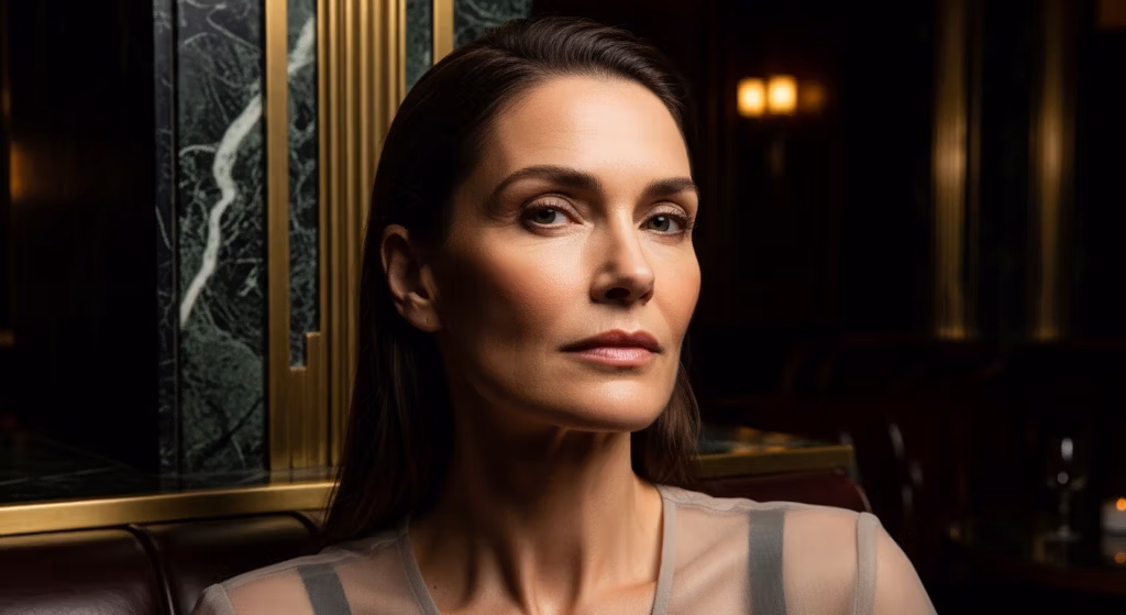 Een portret van een elegante vrouw met een zelfverzekerde uitdrukking, geplaatst tegen een luxueuze, donkere interieurachtergrond met gouden en groene marmeren accenten.