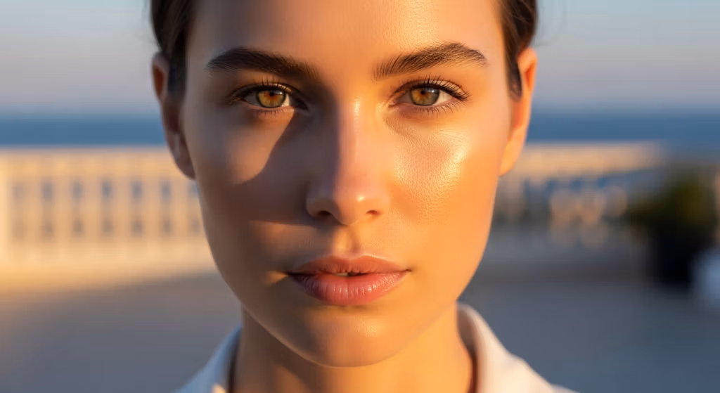 Close-up portret van een vrouw met een natuurlijke, stralende huid en hazelbruine ogen, verlicht door het warme licht van de zonsondergang met een wazige kustachtergrond.