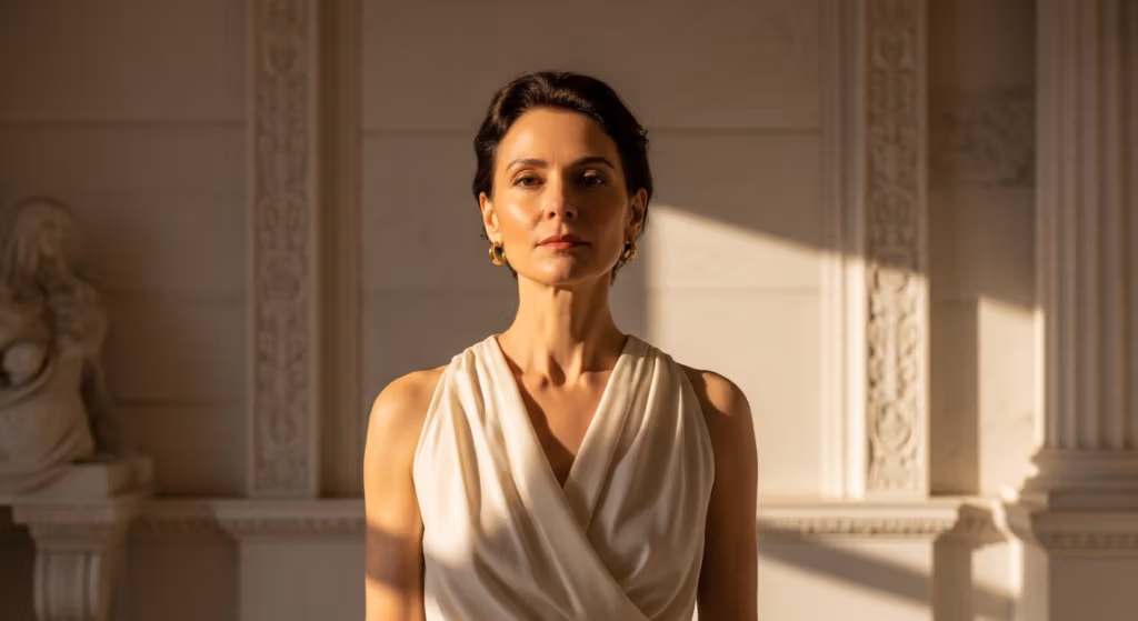 Een portret van een elegante vrouw met kort donker haar, gekleed in een witte gedrapeerde top en gouden oorringen, verlicht door warm zonlicht in een klassieke architectonische omgeving.