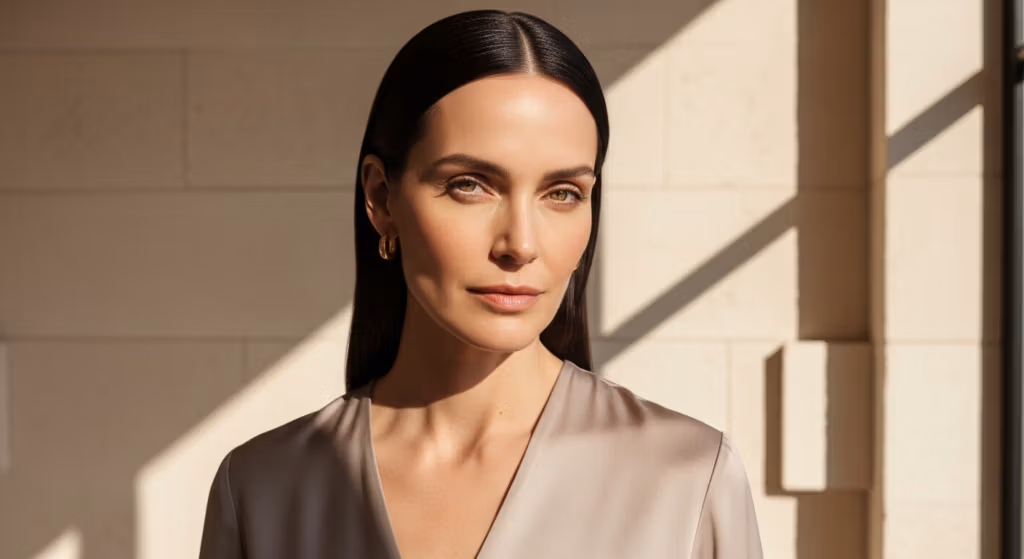 Een elegante vrouw met glanzend donker haar en een stralende huid, vastgelegd in natuurlijk, zacht licht tegen een minimalistische stenen muur op de achtergrond.