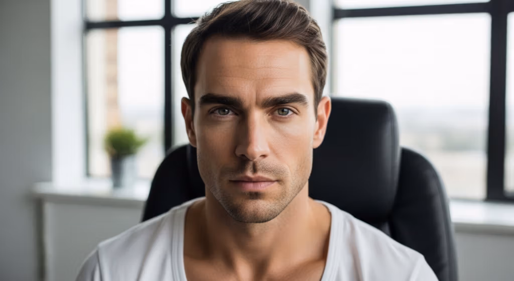 صورة احترافية لرجل واثق من نفسه ذو شعر داكن وقميص أبيض يجلس على كرسي مكتب أمام خلفية نافذة ضبابية.