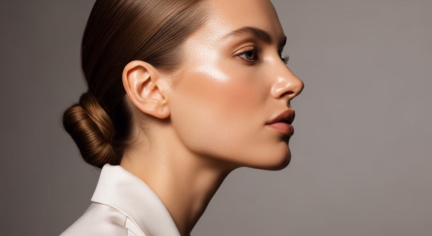 Profil latéral d'une femme à la peau lisse et éclatante, portant une chemise blanche et un chignon élégant sur fond neutre.