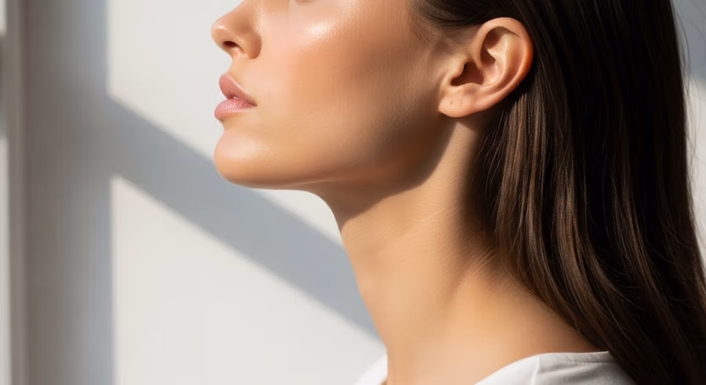Gros plan de profil d'une femme à la peau éclatante, mettant en valeur sa mâchoire et son cou.