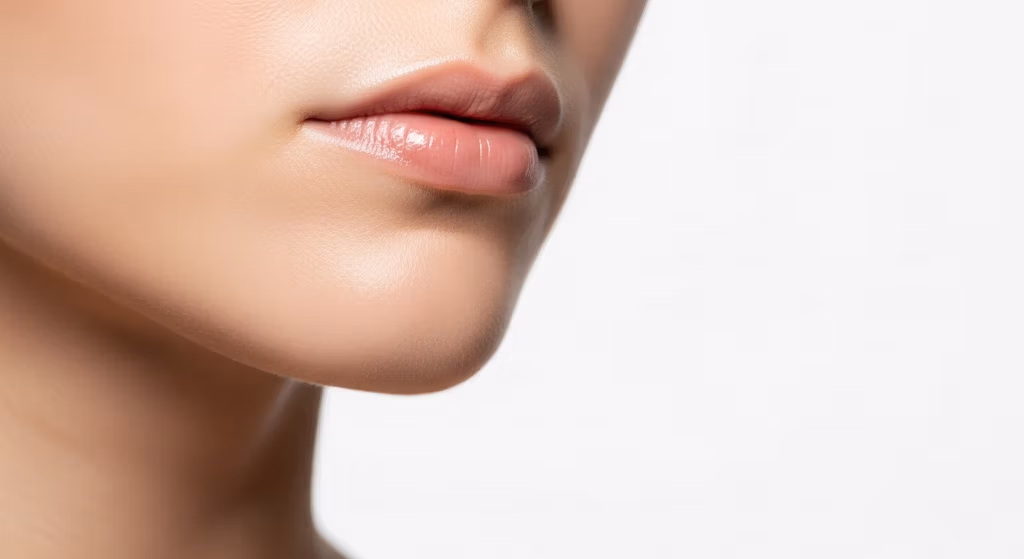 Gros plan sur le bas du visage d'une femme, avec une peau naturellement éclatante et des lèvres hydratées et lisses, sur fond blanc.