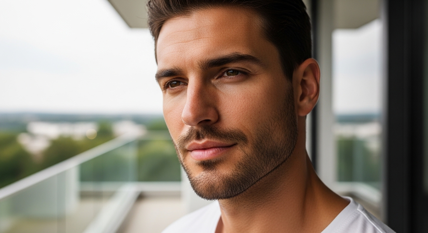 Ritratto ravvicinato di un bel giovane con la barba, che guarda altrove, in piedi su un balcone con uno sfondo urbano sfocato.
