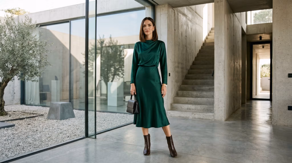 Eine Frau in einem eleganten smaragdgrünen Satinkleid, dazu dunkelbraune Stiefel und eine schwarze Handtasche, posiert in einem modernen architektonischen Interieur mit Betonwänden und Glasfenstern.