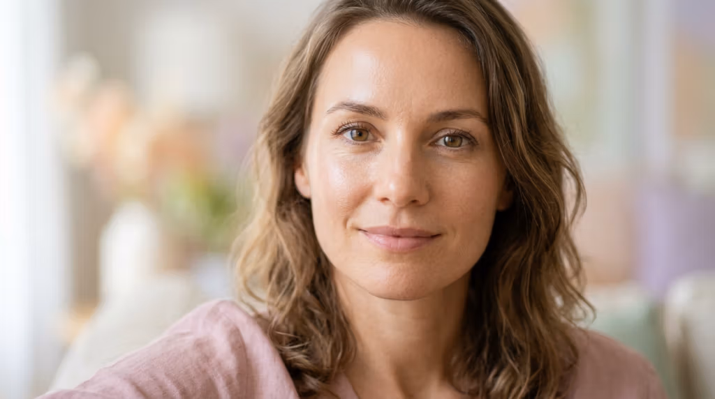 Portrait d'une femme d'âge mûr, sûre d'elle, aux cheveux bruns ondulés mi-longs, vêtue d'un haut rose clair, regardant droit dans l'objectif avec un doux sourire.