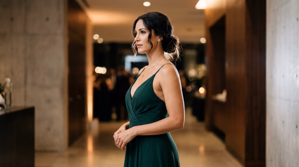 Une femme aux cheveux noirs, vêtue d'une robe de soirée verte, se tient debout dans un hall intérieur élégant, faiblement éclairé.