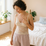 Une femme aux cheveux bouclés, vêtue d'un débardeur en dentelle et d'un collier, se regarde dans le miroir depuis une chambre.