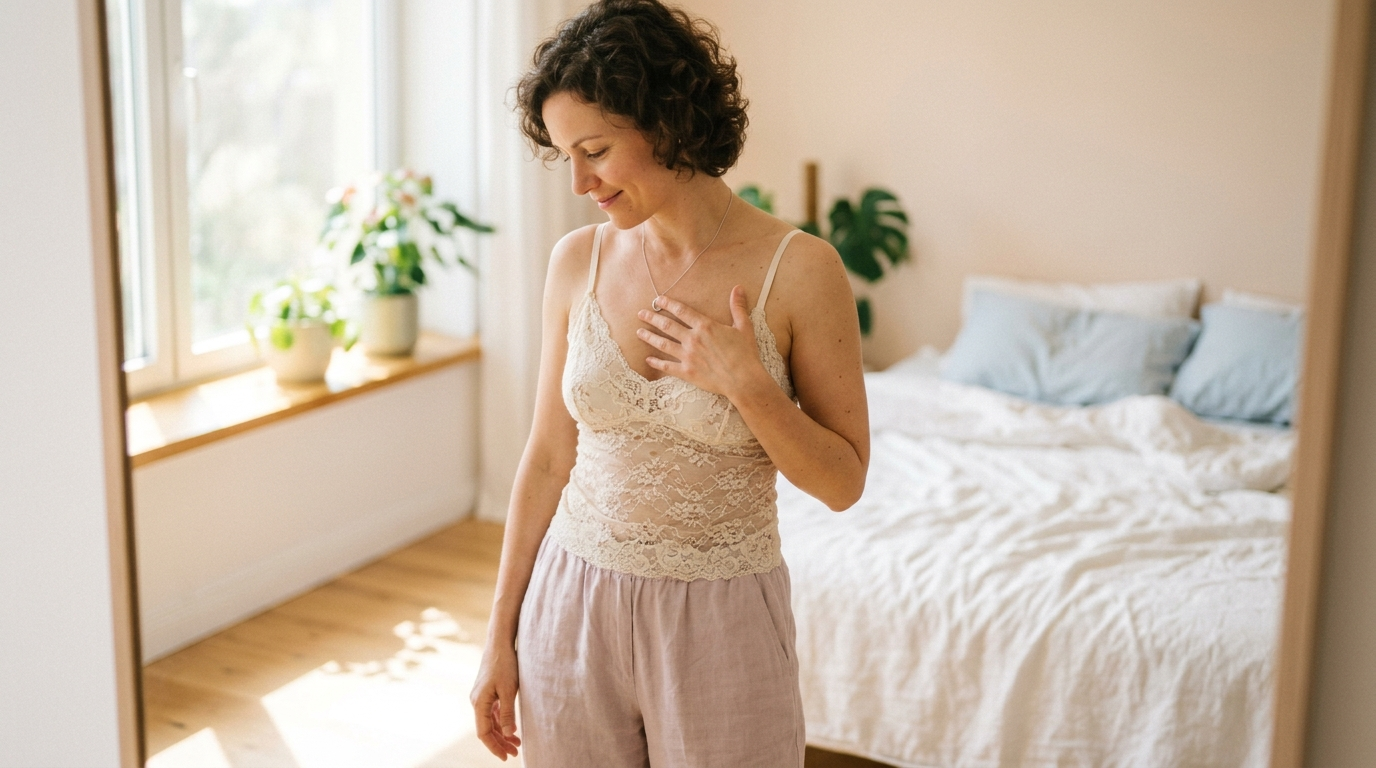 Une femme aux cheveux bouclés, vêtue d'un débardeur en dentelle et d'un collier, se regarde dans le miroir depuis une chambre.