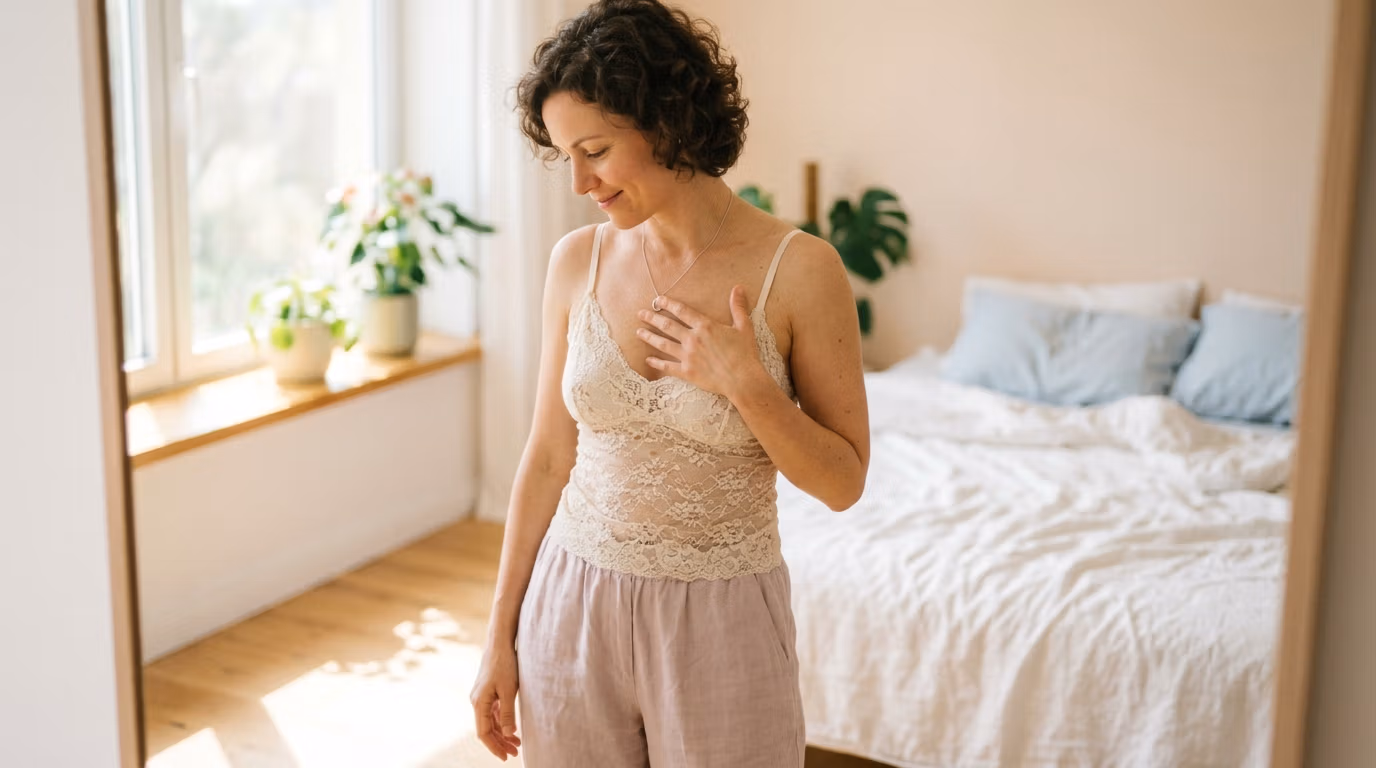 Une femme aux cheveux bouclés, vêtue d'un débardeur en dentelle et d'un collier, se regarde dans le miroir depuis une chambre.