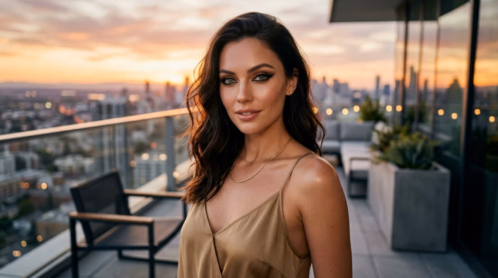 Une belle femme aux longs cheveux bruns et au maquillage discret regarde l'objectif depuis une terrasse sur un toit au coucher du soleil, avec la silhouette de la ville en arrière-plan. Résultats FFS.