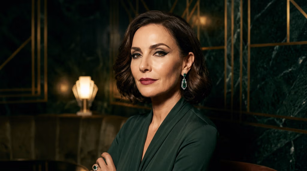 Das Porträt einer eleganten Frau mit dunklem Haar, die ein grünes Kleid und smaragdgrüne Ohrringe trägt, posiert vor einem luxuriösen, vom Art déco inspirierten Hintergrund.