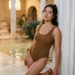 Une femme en maillot de bain marron pose avec grâce contre un pilier de marbre dans un spa intérieur luxueux ou une piscine thermale.