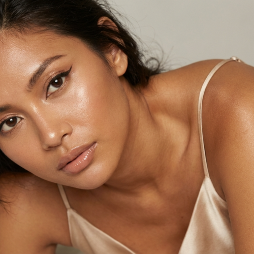 A close-up portrait of a woman with radiant, glowing skin and natural makeup, wearing a silk camisole and looking towards the camera.