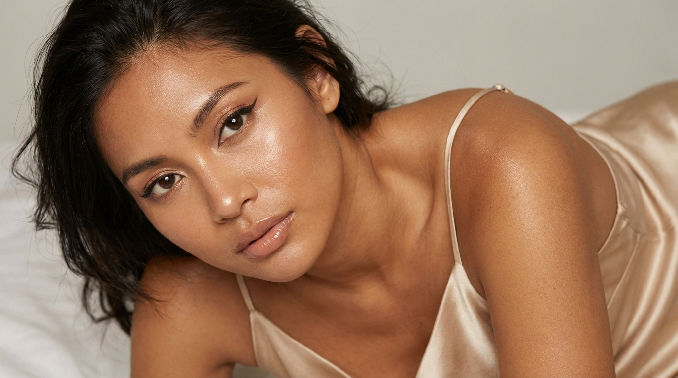 A close-up portrait of a woman with radiant, glowing skin and natural makeup, wearing a silk camisole and looking towards the camera.