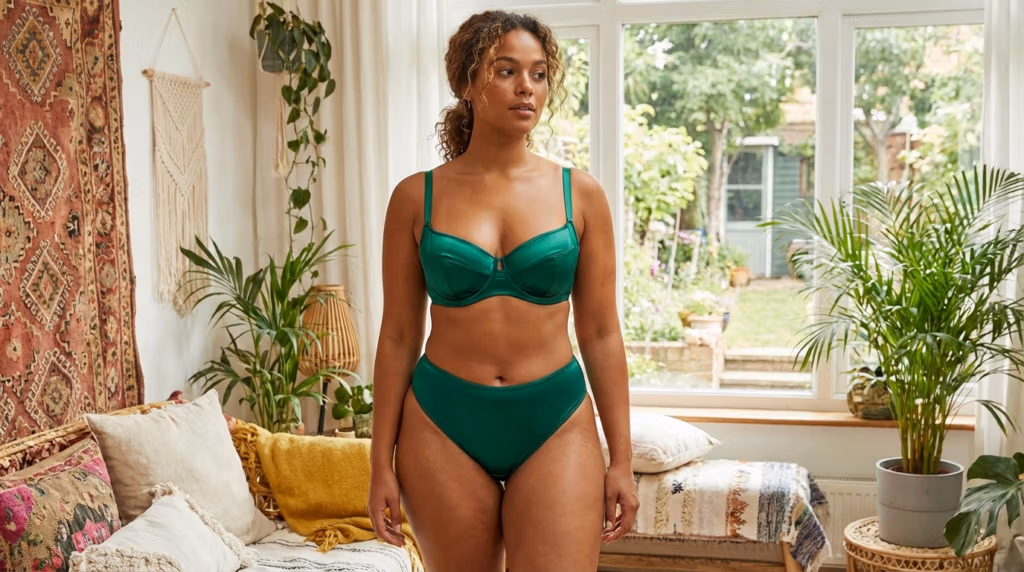 Een zelfverzekerde vrouw met krullend haar, gekleed in een felgroene satijnen lingerieset, staat in een gezellige, zonnige woonkamer met kamerplanten en een wandtapijt op de achtergrond.