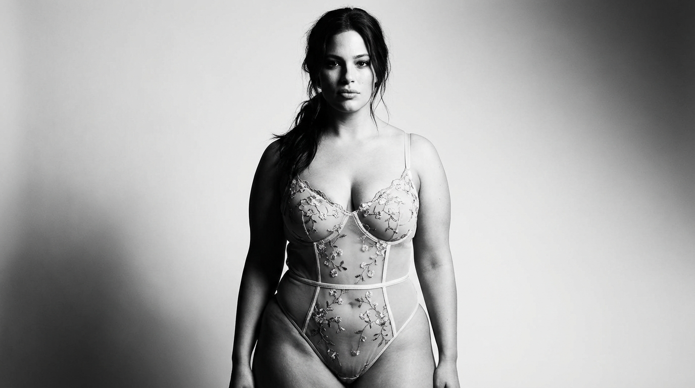 A black and white portrait of a confident woman with a natural look, wearing an elegant floral lace bodysuit.