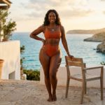 A woman standing on a terrace overlooking the ocean during sunset, wearing a rust-colored bikini.
