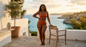 A woman standing on a terrace overlooking the ocean during sunset, wearing a rust-colored bikini.